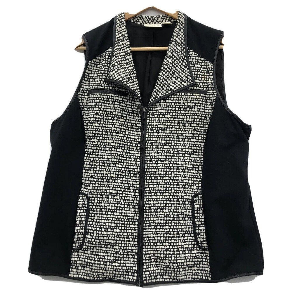 Chico's Vest Size 2/12 Black Geometric Pattern Faux Leather Trim Pockets Zip